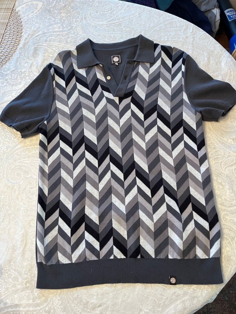 Pretty Green Grey Black Chevron Polo Sweater Men Small EUC Cotton